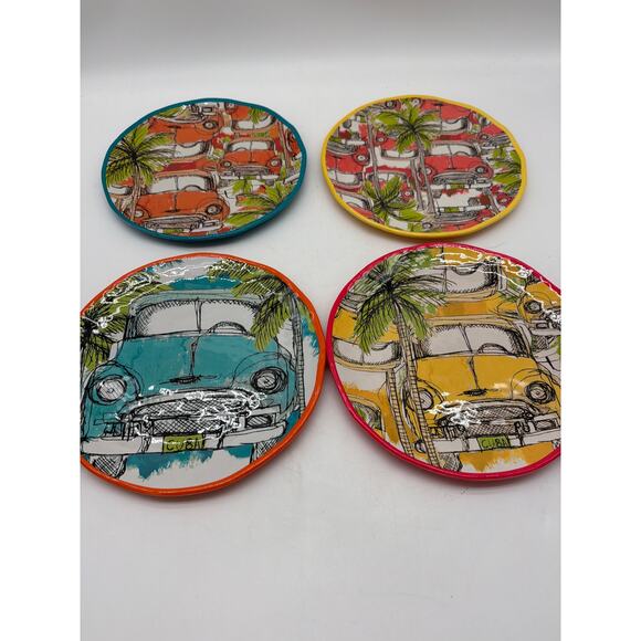 Pier 1 Other - Pier 1 Melamine 9" Colorful Plates Vintage Cars 4 Piece Set